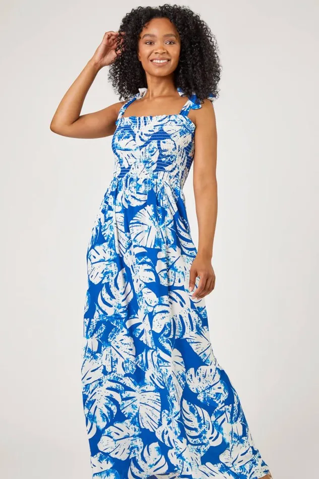 Women Blue Petite Tropical Print Shirred Maxi Dress Roman Dresses