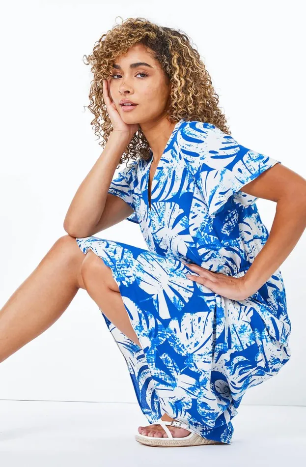 Women Blue Petite Tropical Tie Detail Midi Dress Roman Dresses