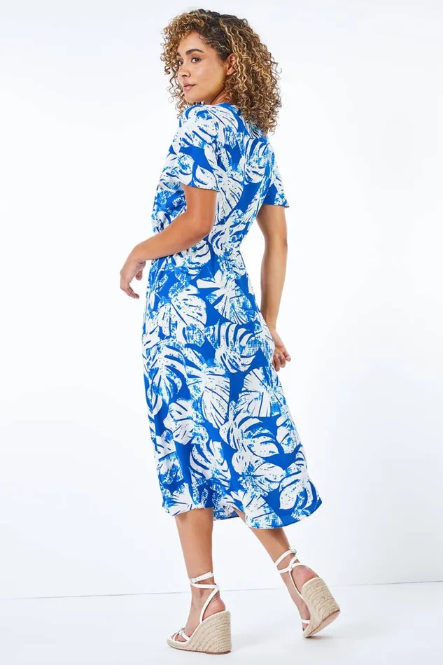 Women Blue Petite Tropical Tie Detail Midi Dress Roman Dresses