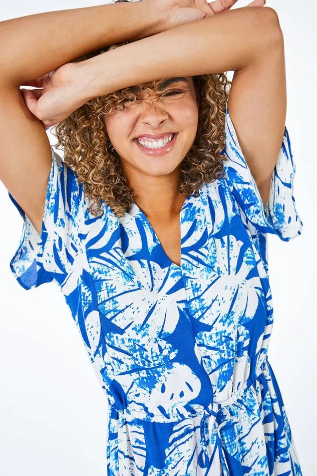 Women Blue Petite Tropical Tie Detail Midi Dress Roman Dresses