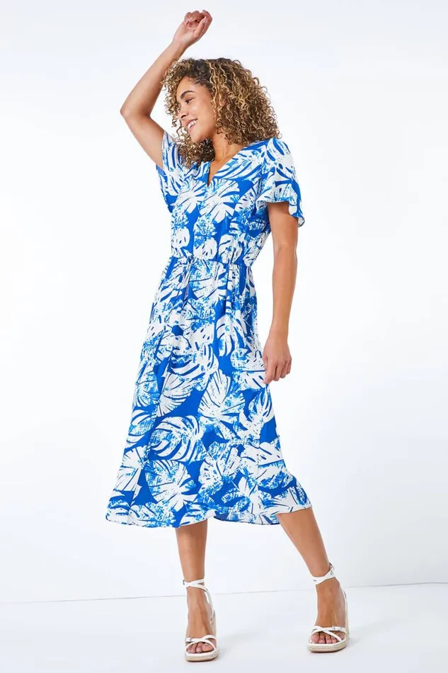 Women Blue Petite Tropical Tie Detail Midi Dress Roman Dresses
