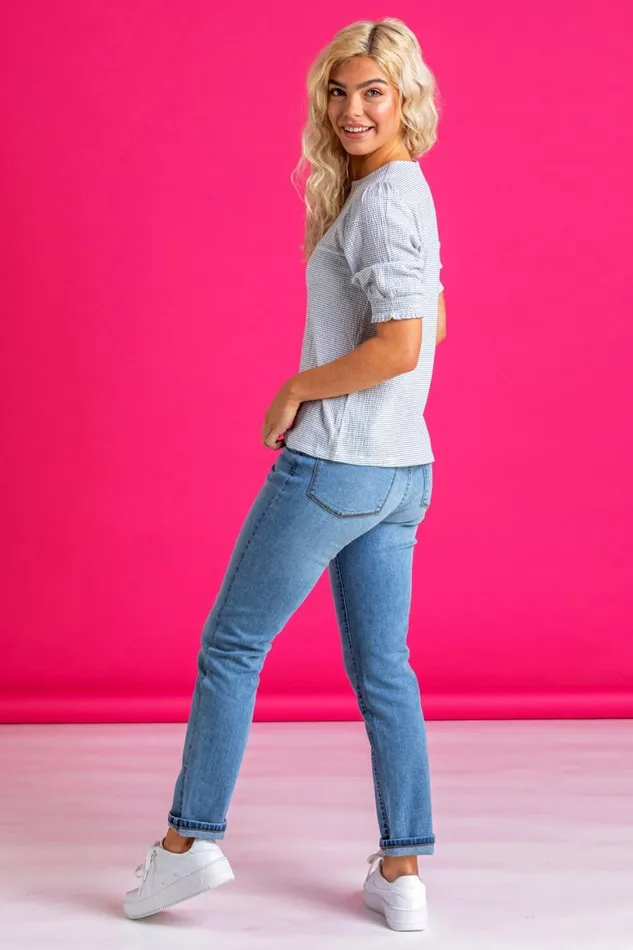 Women Blue Ribbed Shirred Cuff Top Roman Tops