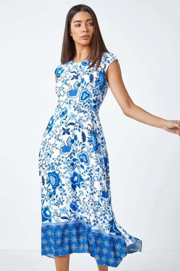 Women Blue Sleeveless Floral Border Print Midi Dress Roman Dresses