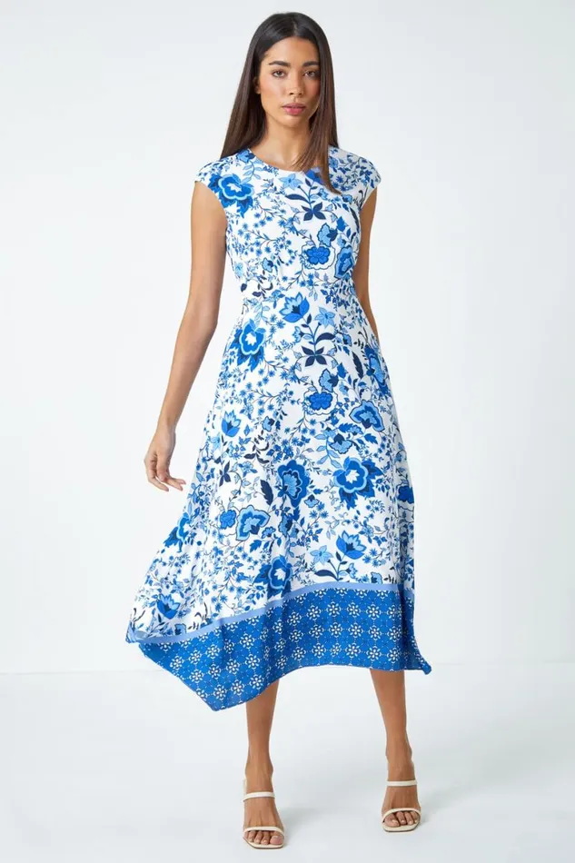 Women Blue Sleeveless Floral Border Print Midi Dress Roman Dresses