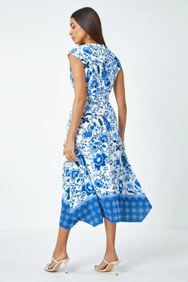 Women Blue Sleeveless Floral Border Print Midi Dress Roman Dresses