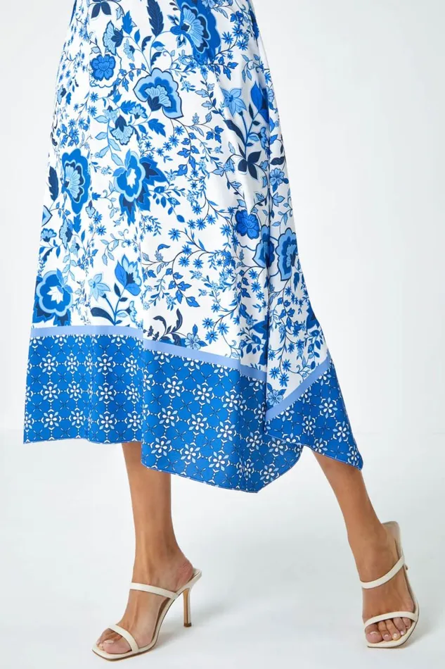 Women Blue Sleeveless Floral Border Print Midi Dress Roman Dresses