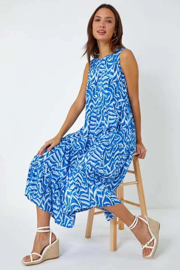 Women Blue Sleeveless Geometric Print Smock Dress Roman Dresses