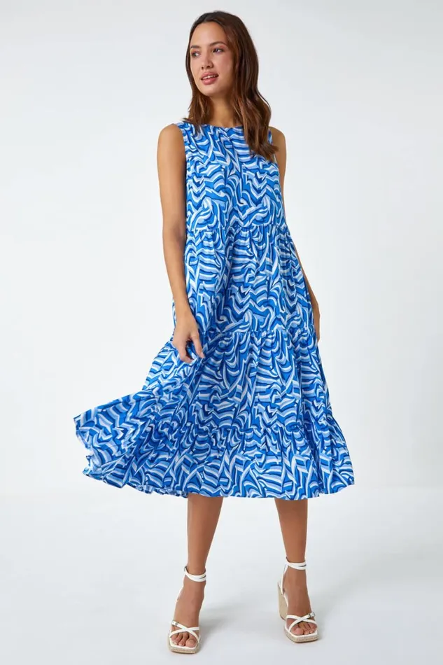 Women Blue Sleeveless Geometric Print Smock Dress Roman Dresses