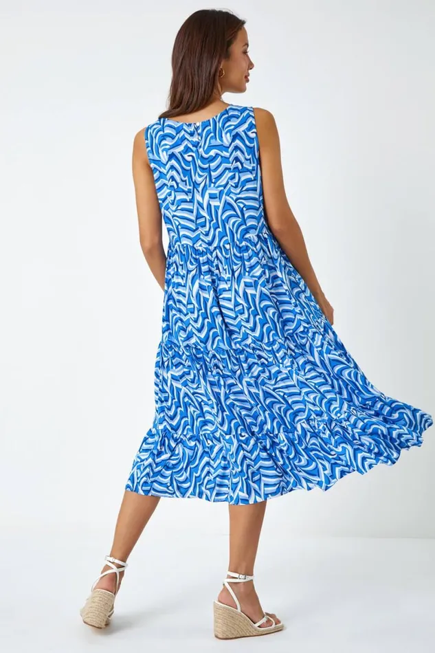 Women Blue Sleeveless Geometric Print Smock Dress Roman Dresses