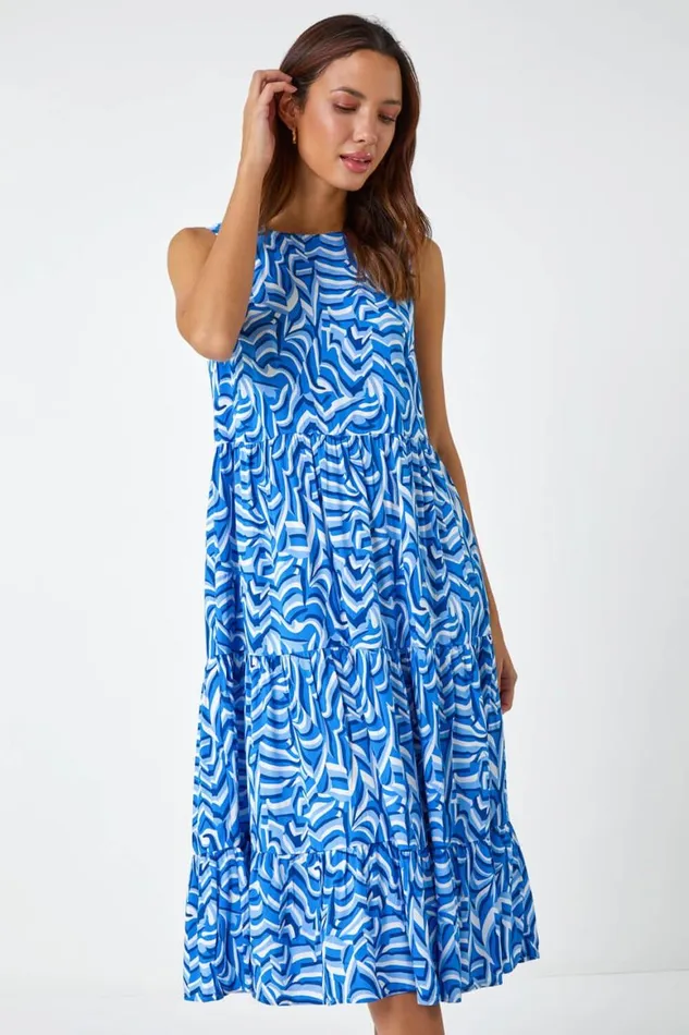 Women Blue Sleeveless Geometric Print Smock Dress Roman Dresses