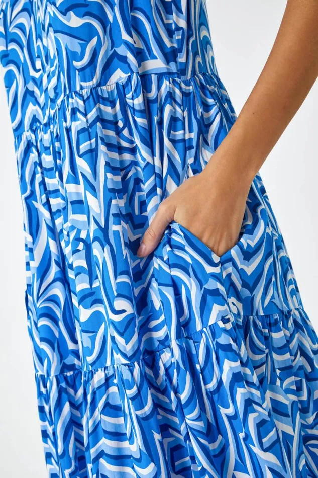 Women Blue Sleeveless Geometric Print Smock Dress Roman Dresses