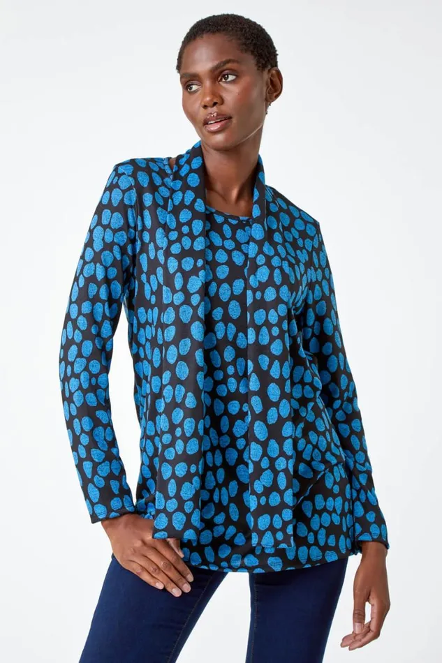 Women Blue Spot Print Tunic Top And Scarf Roman Tops