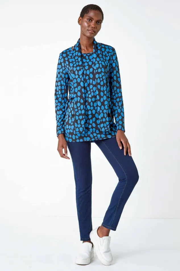 Women Blue Spot Print Tunic Top And Scarf Roman Tops