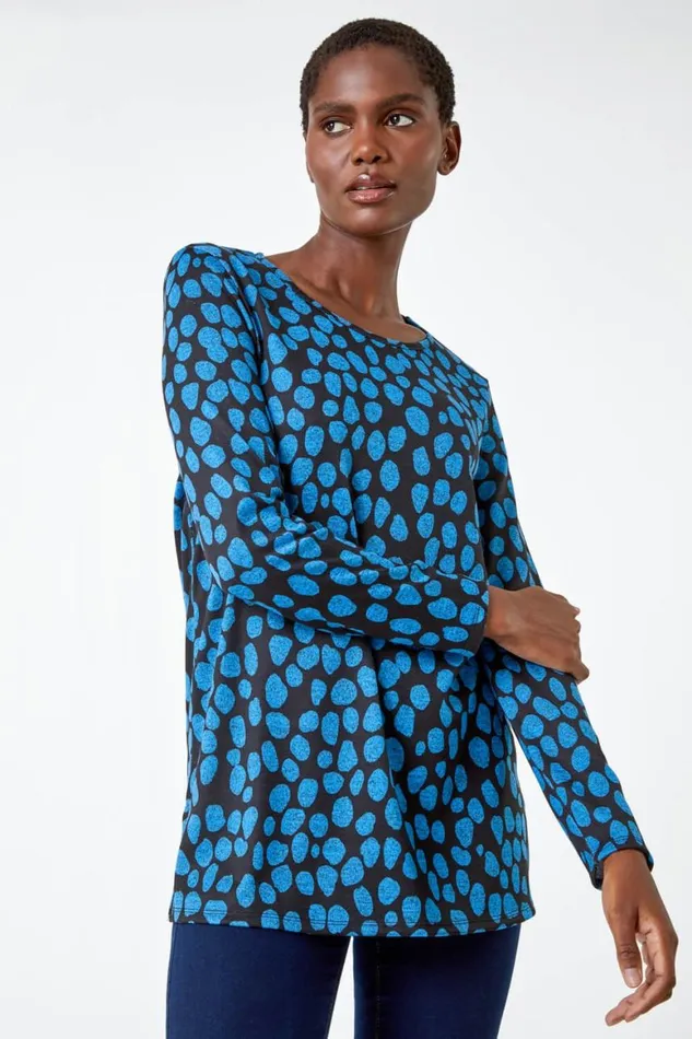 Women Blue Spot Print Tunic Top And Scarf Roman Tops