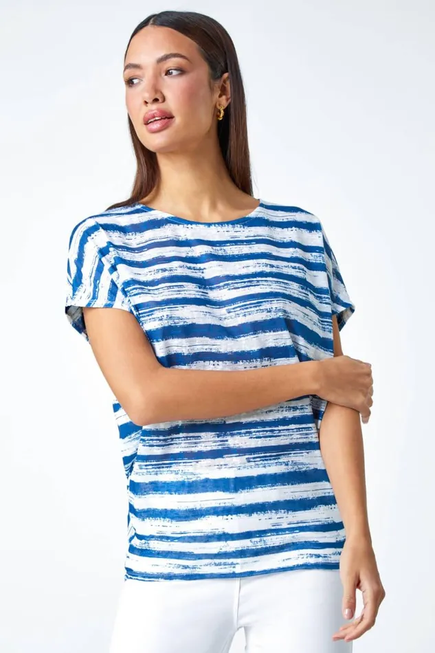 Women Blue Stripe Print Blouson Stretch Top Roman Tops