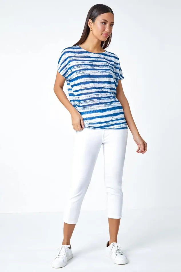 Women Blue Stripe Print Blouson Stretch Top Roman Tops