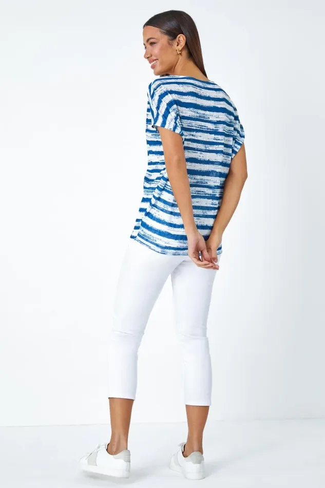 Women Blue Stripe Print Blouson Stretch Top Roman Tops