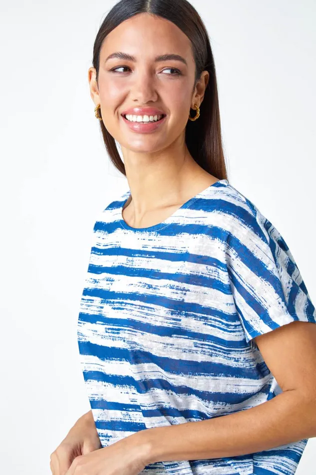 Women Blue Stripe Print Blouson Stretch Top Roman Tops