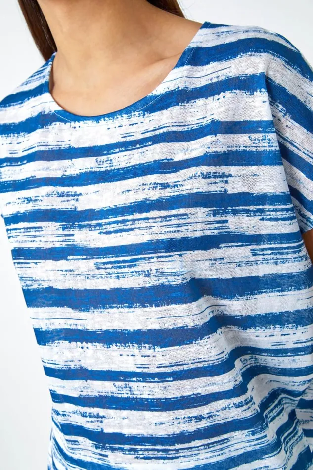 Women Blue Stripe Print Blouson Stretch Top Roman Tops