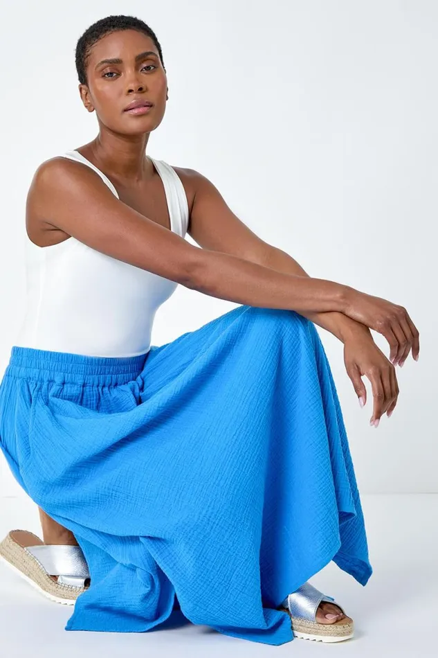 Women Blue Textured Cotton Elastic Waist A Line Maxi Skirt Roman Skirts