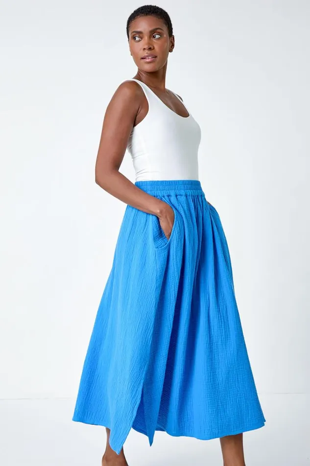 Women Blue Textured Cotton Elastic Waist A Line Maxi Skirt Roman Skirts