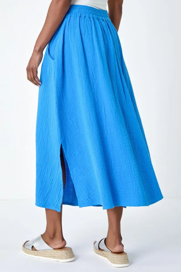Women Blue Textured Cotton Elastic Waist A Line Maxi Skirt Roman Skirts