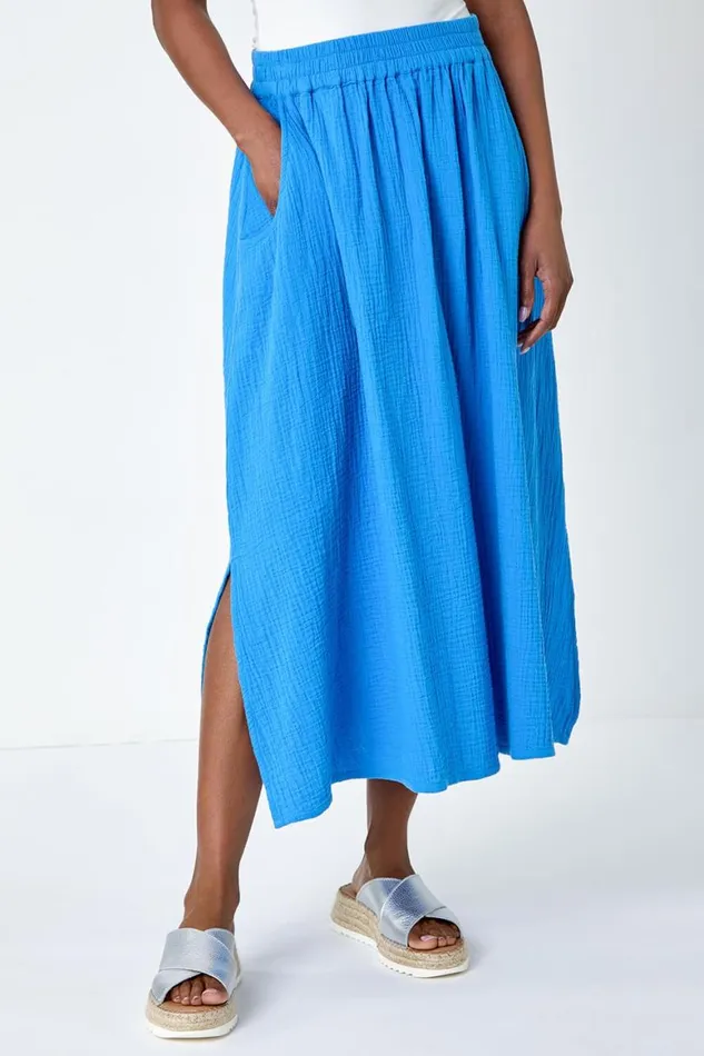 Women Blue Textured Cotton Elastic Waist A Line Maxi Skirt Roman Skirts