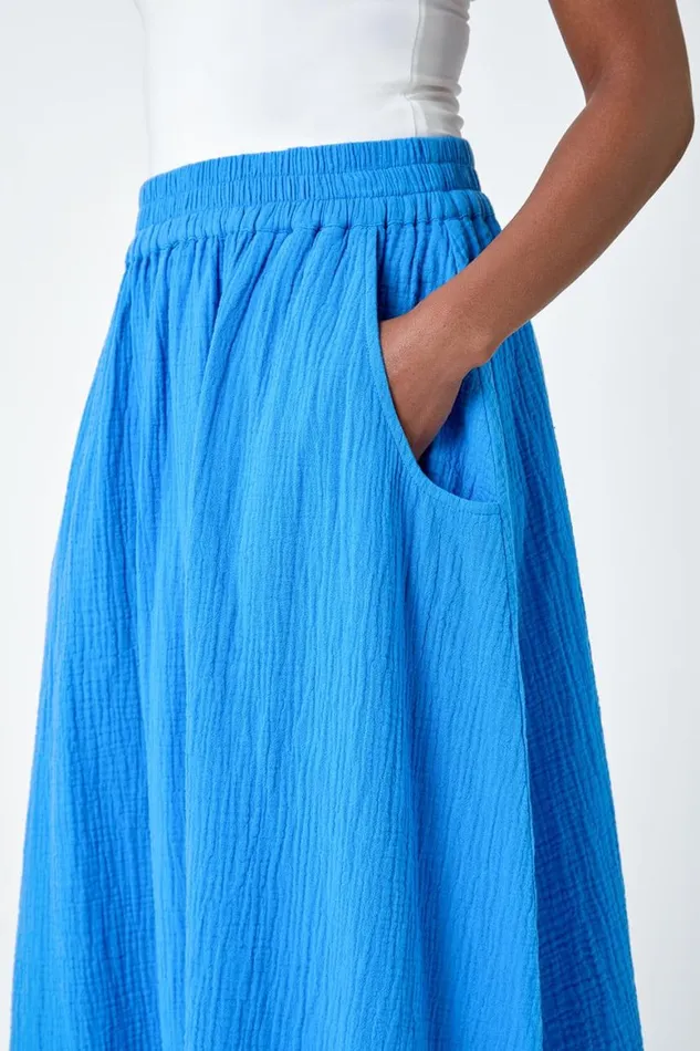 Women Blue Textured Cotton Elastic Waist A Line Maxi Skirt Roman Skirts