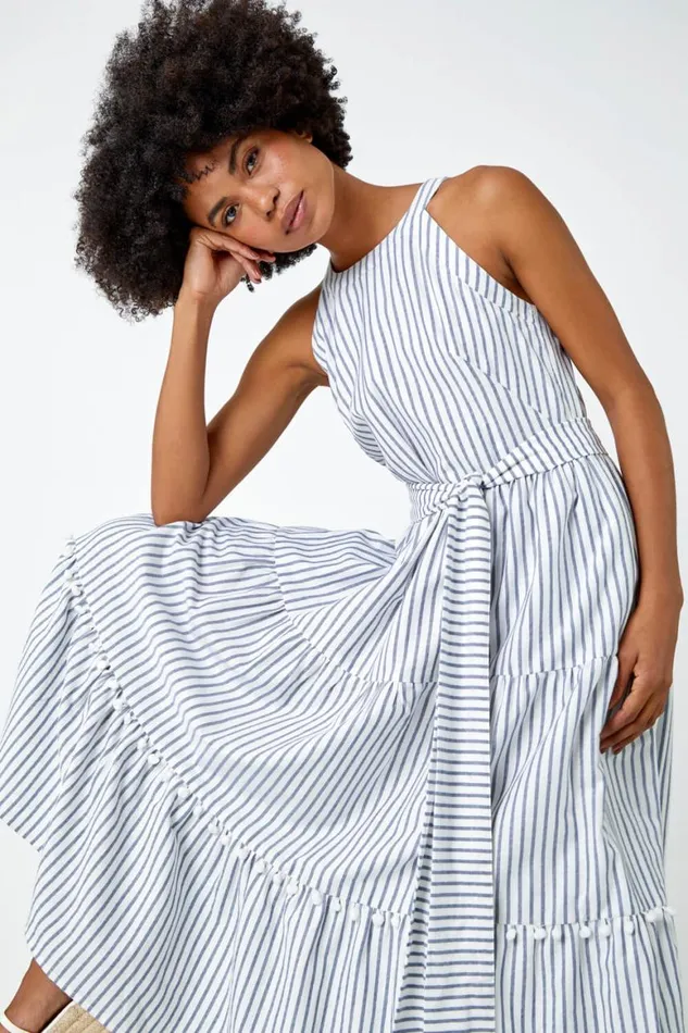 Women Blue Tiered Cotton Halter Neck Stripe Dress Roman Dresses