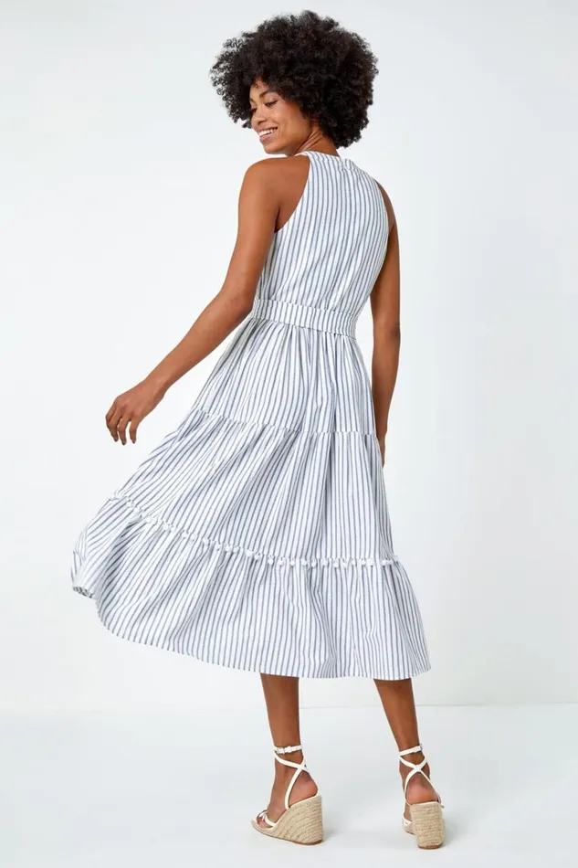 Women Blue Tiered Cotton Halter Neck Stripe Dress Roman Dresses