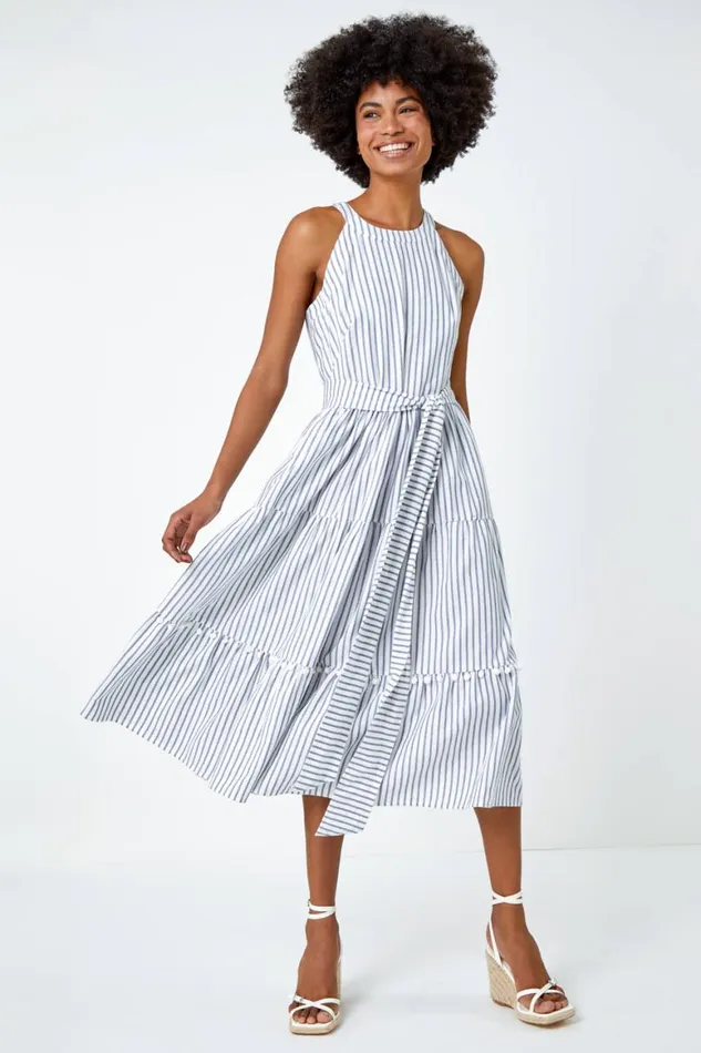 Women Blue Tiered Cotton Halter Neck Stripe Dress Roman Dresses