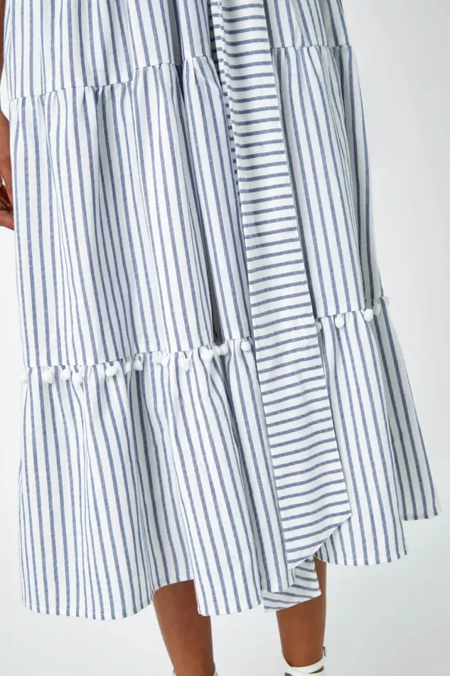 Women Blue Tiered Cotton Halter Neck Stripe Dress Roman Dresses