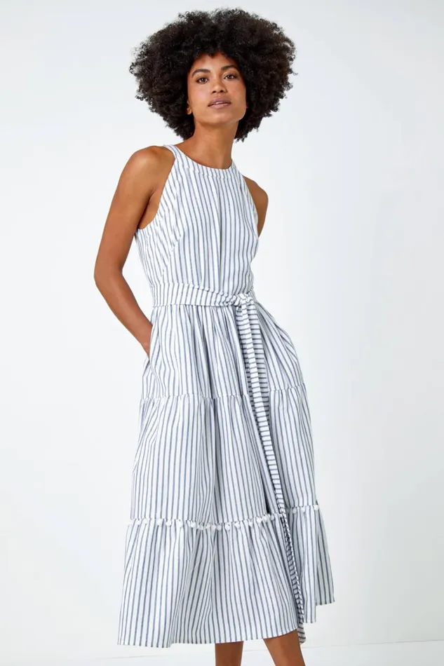 Women Blue Tiered Cotton Halter Neck Stripe Dress Roman Dresses