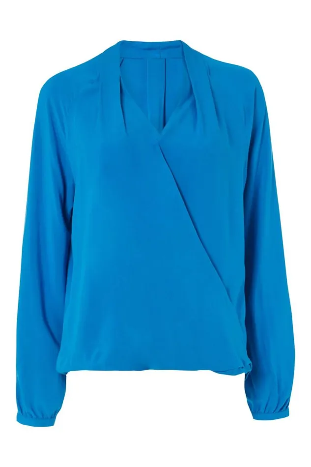 Women Blue V Neck Wrap Front Top Roman Tops