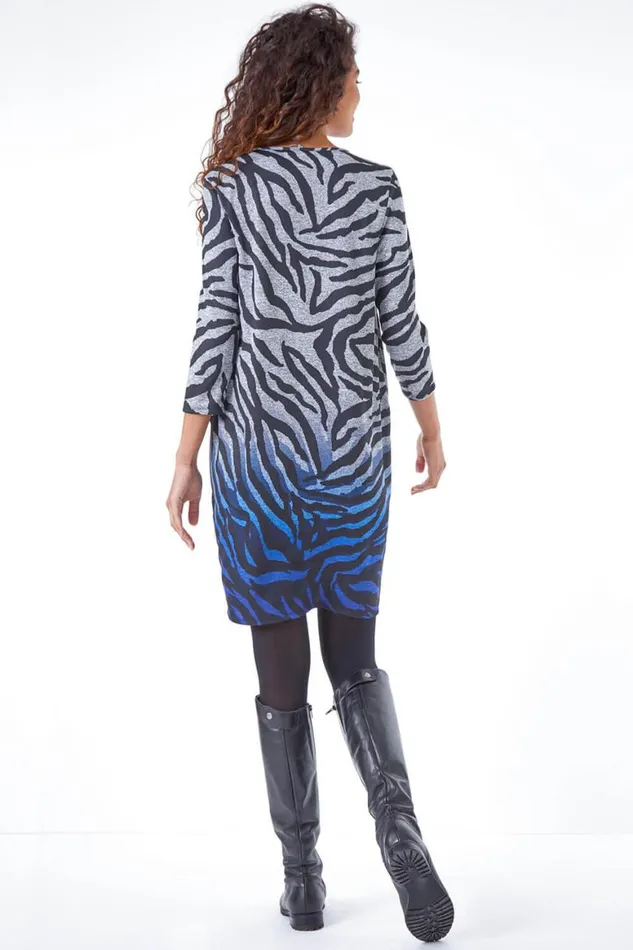 Women Blue Zebra Print Ombre Cocoon Dress Roman Dresses