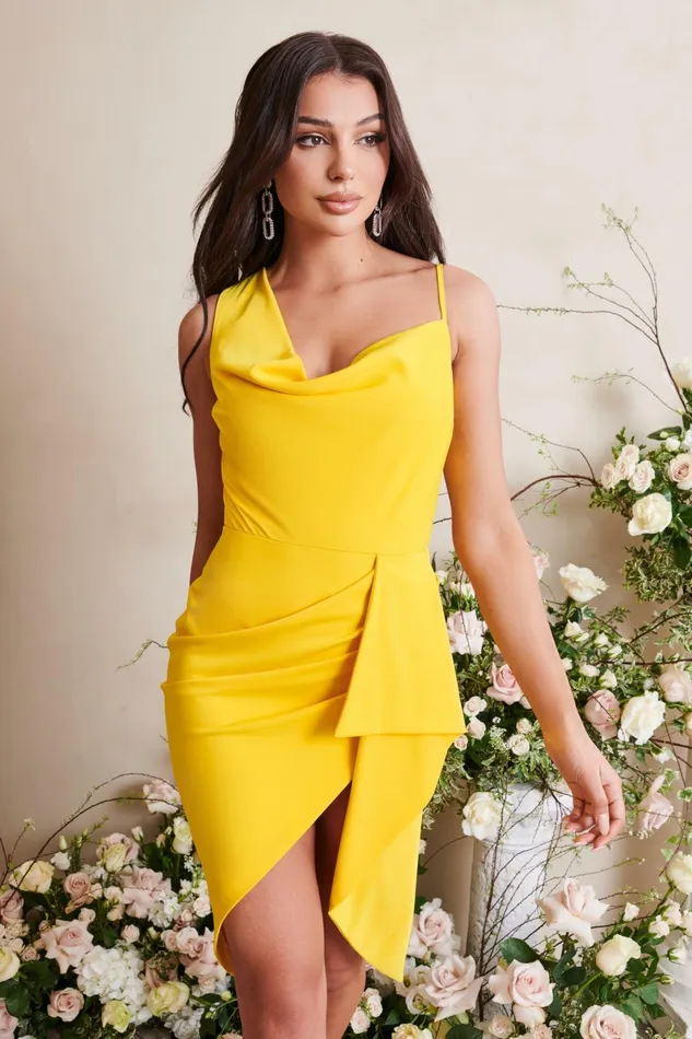 Women Bodycon Dresses Lavish Alice EMMA Cowl Neck Midi Wrap Dress In Yellow Yellow