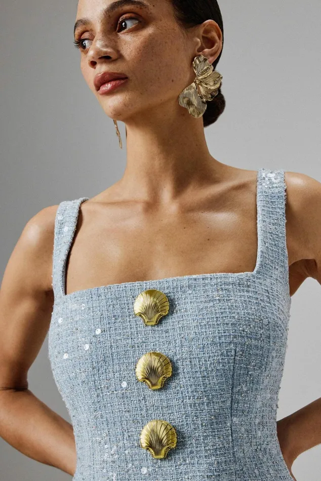 Women Bodycon Dresses Lavish Alice MARIE Square Neck Boucle Midi Dress With Shell Embellishment In Blue Blue