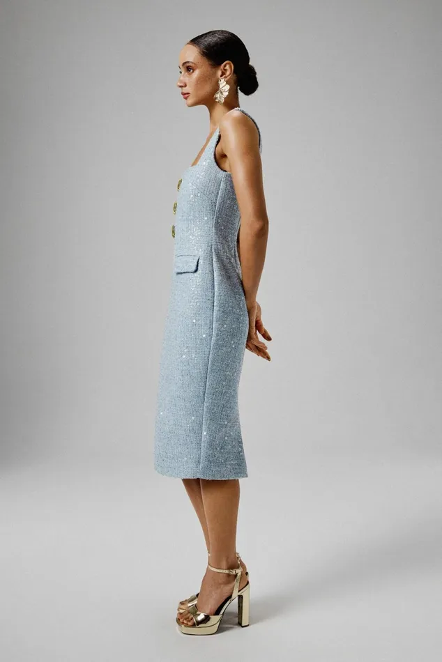 Women Bodycon Dresses Lavish Alice MARIE Square Neck Boucle Midi Dress With Shell Embellishment In Blue Blue