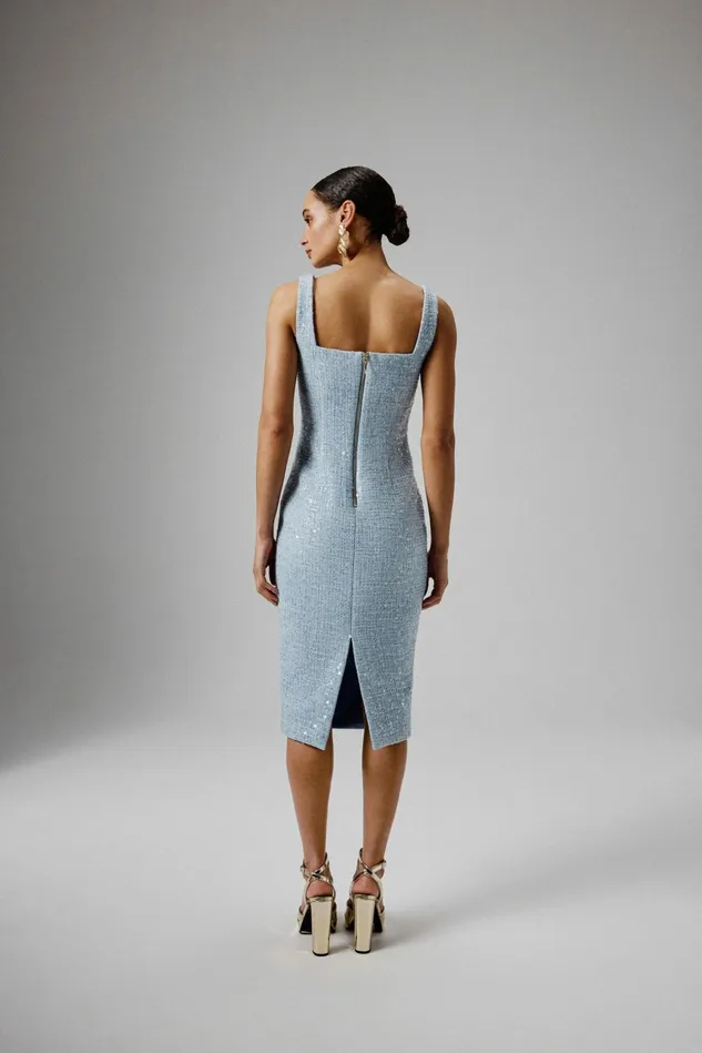 Women Bodycon Dresses Lavish Alice MARIE Square Neck Boucle Midi Dress With Shell Embellishment In Blue Blue