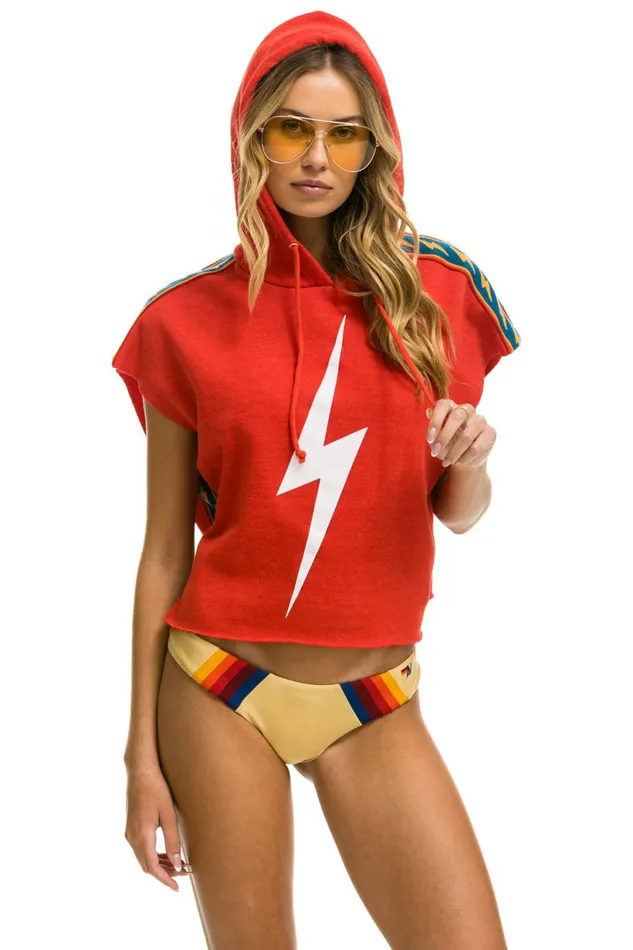 Women BOLT STRIPE SLEEVELESS RELAXED CROPPED PULLOVER HOODIE 8211 RED Aviator Nation BoltCollection