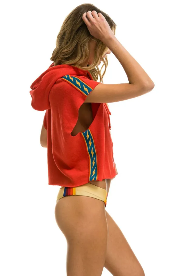 Women BOLT STRIPE SLEEVELESS RELAXED CROPPED PULLOVER HOODIE 8211 RED Aviator Nation BoltCollection Women BOLT STRIPE SLEEVELESS RELAXED CROPPED PULLOVER HOODIE 8211 RED Aviator Nation BoltCollection