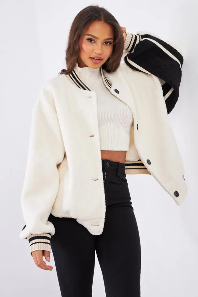 Women Bomber cru En Peau De Mouton Bicolor Ecru Brentiny Paris Jackets