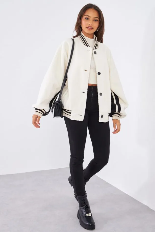 Women Bomber cru En Peau De Mouton Bicolor Ecru Brentiny Paris Jackets