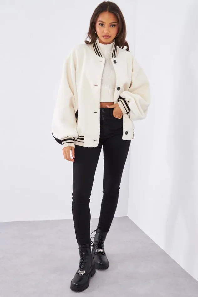 Women Bomber cru En Peau De Mouton Bicolor Ecru Brentiny Paris Jackets