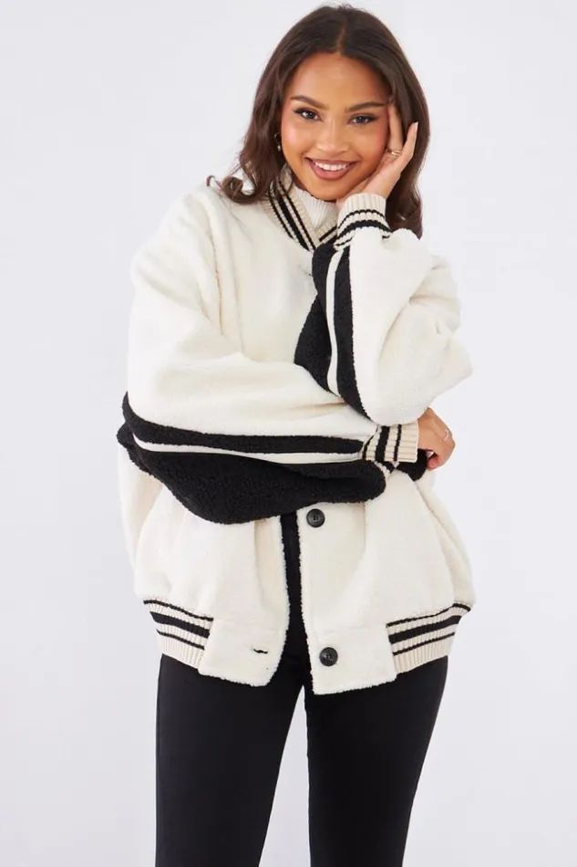 Women Bomber cru En Peau De Mouton Bicolor Ecru Brentiny Paris Jackets