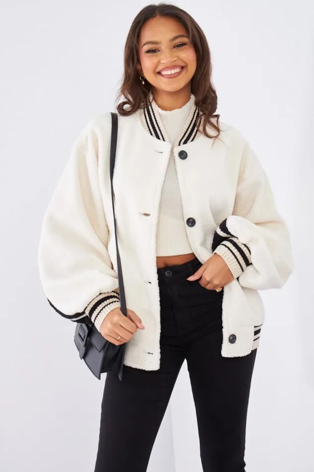 Women Bomber cru En Peau De Mouton Bicolor Ecru Brentiny Paris Jackets