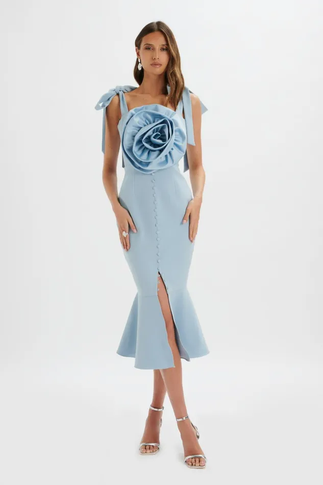 Women Bow Dresses Lavish Alice AUGUST Flower Detail Tie Strap Micro Button Midi Dress In Cornflower Blue Cornflower B