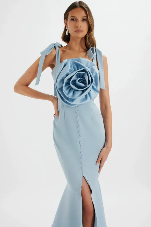 Women Bow Dresses Lavish Alice AUGUST Flower Detail Tie Strap Micro Button Midi Dress In Cornflower Blue Cornflower B