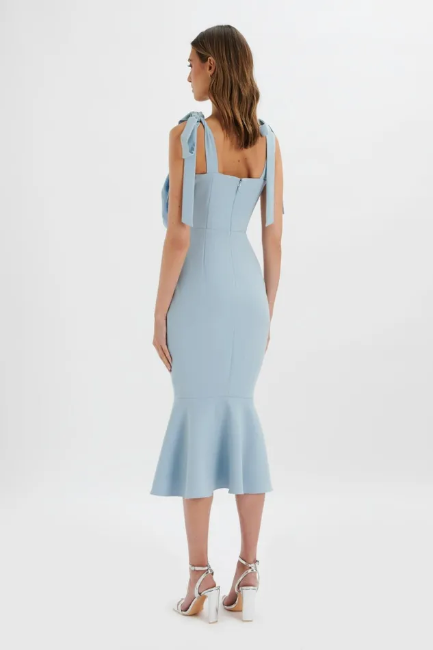 Women Bow Dresses Lavish Alice AUGUST Flower Detail Tie Strap Micro Button Midi Dress In Cornflower Blue Cornflower B