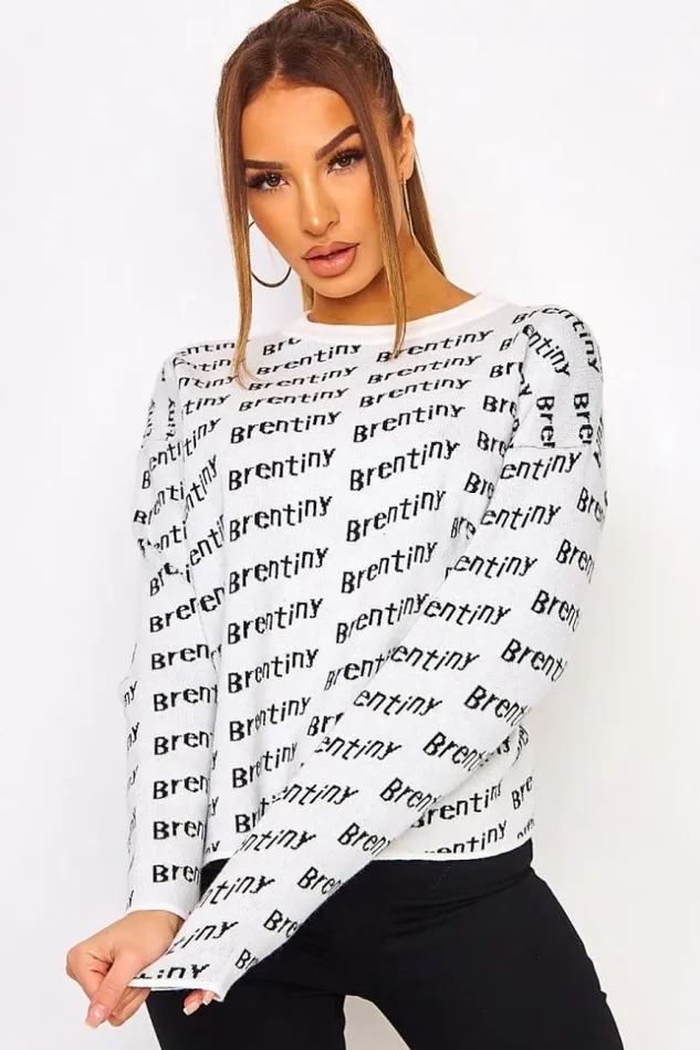 Women Brentiny All Over Logo Print Sweater In White White Brentiny Paris Sweaters and Sweatshirts